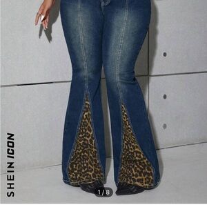 Women's Blue Flared Jeans with Leopard Detail